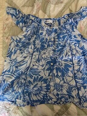 Sonoma Blue and White Floral Cold-Shoulder Blouse